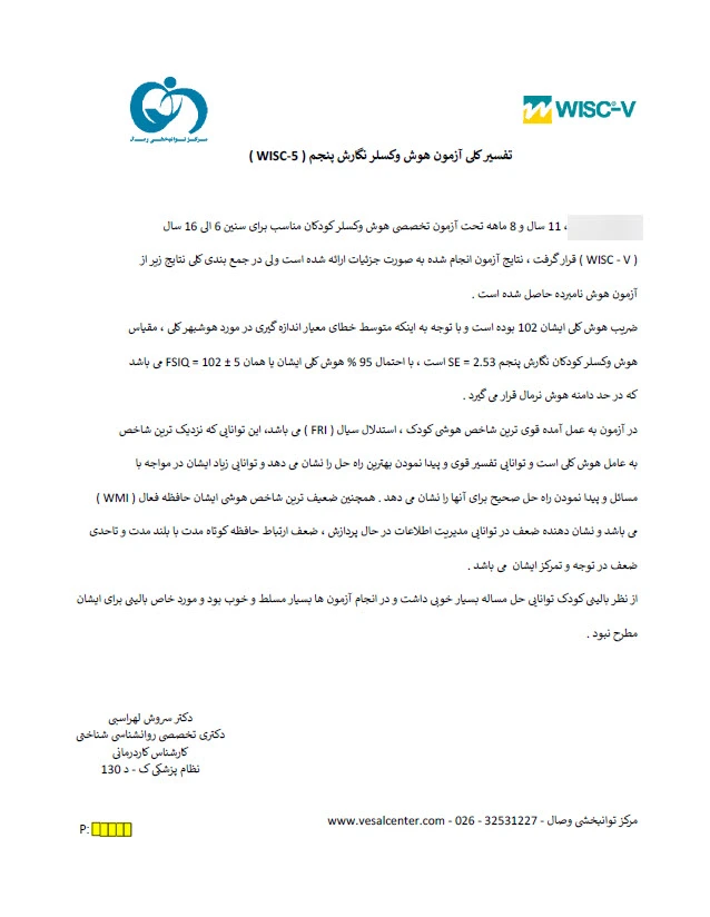  ریپورت تست هوش وکسلر 5