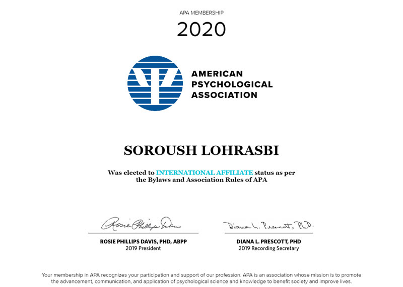 عضو انجمن روانشناسان آمریکا (APA) از سال 2019 تاکنون